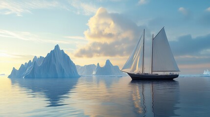 Sailboat glides past majestic icebergs at sunset, calm waters reflecting the serene scene. Perfect for travel, adventure, or climate change themes, evokes exploration and tranquility.