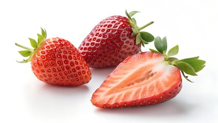 Berry Burst: A cluster of vibrant, ripe strawberries, with one artfully sliced to reveal its juicy interior, captures the essence of freshness and natural sweetness.