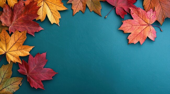 Autumn Maple Leaves on Teal Background - Powered by Adobe