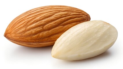 Almond Duo: Exquisite macro shot of two almonds—one with its textured outer shell and the other, peeled to reveal its smooth, creamy interior.