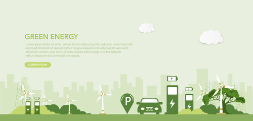 Green energy and electrical energy concept. Environmental conservation, electric Vehicle, sustainable resources, renewable energy, clean energy, green vector illustration.