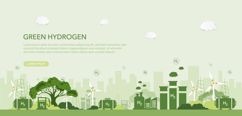 Green hydrogen energy concept, Environment, eco friendly industry and alternative energy. Reducing greenhouse gas emissions. Green vector illustration.