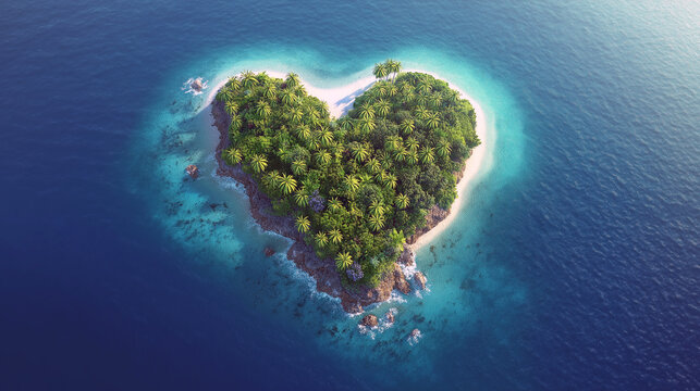 An aerial view of heart shaped tropical island in the middle of the ocean.Top view of heart shape love island with the blue ocean and white sand beach.