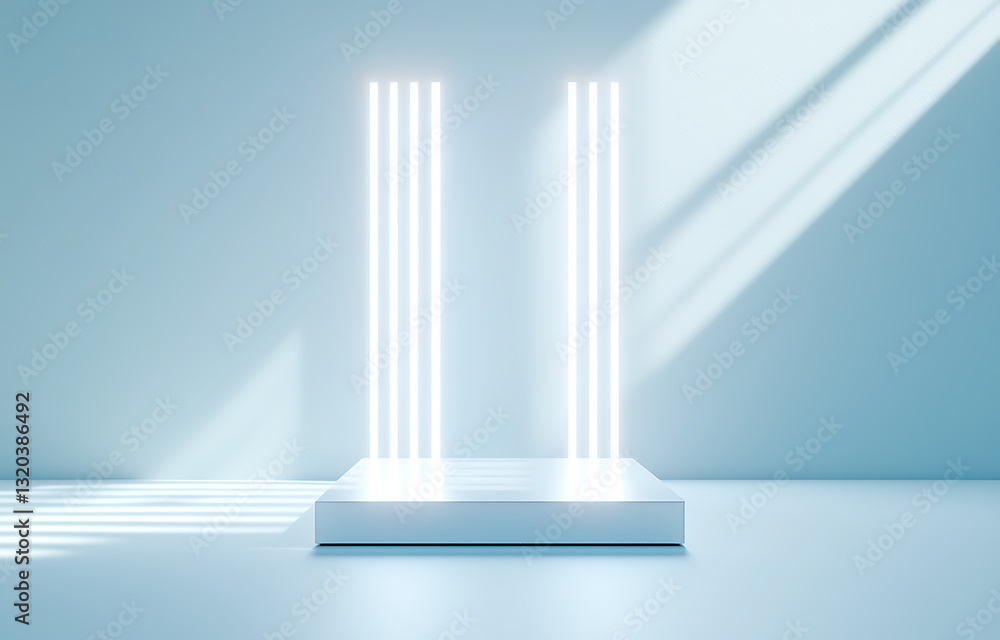 Poster illuminated display featuring vertical light columns modern studio space digital art installation mi