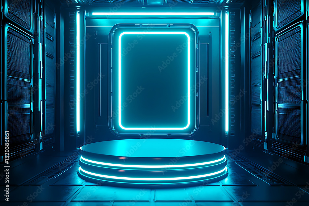 Poster futuristic stage setup virtual space 3d rendering neon lights studio perspective high-tech design