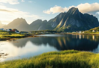 Naklejka premium Breathtaking landscape of mountains and serene lake reflecting vibrant sunlight in a tranquil Norwegian setting, showcasing natural beauty and peaceful scenery
