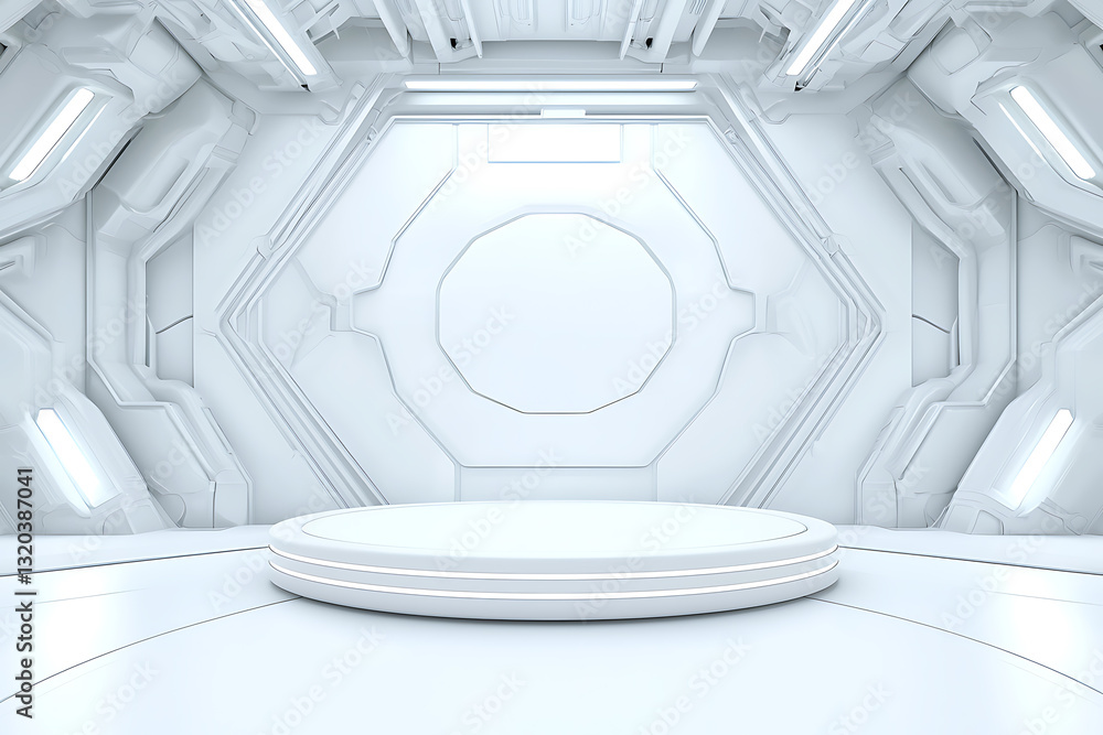 Poster futuristic event space design modern studio 3d render minimalist environment wide angle innovative c