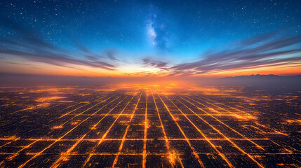 City grid at dawn, celestial panorama