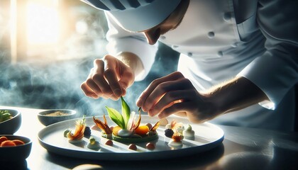  A professional chef in a white uniform carefully plating an artistic gourmet dish with precision tweezers.