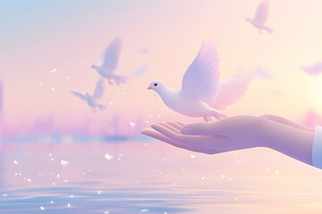 Serene image of a white dove landing gently on an outstretched hand, symbolizing peace, hope, and new beginnings. Pastel sunset colors and soft lighting enhance the peaceful mood.