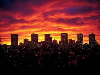 Obraz premium City skyline at fiery sunset