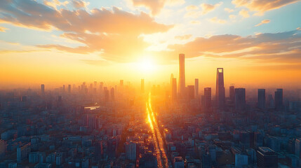 City skyline at golden sunset