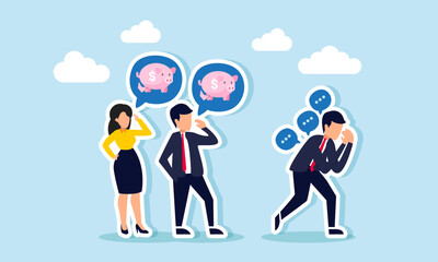 Businesspeople discuss a broken piggy bank, while a businessman feels frustrated by negative talk, illustration of criticism in poor financial investment management