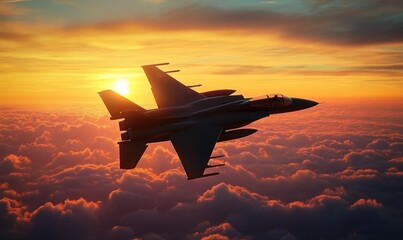 Fighter Jet Flying Over Clouds at Sunset Dramatic Lighting and Contrast