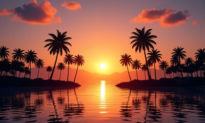 Silhouettes of palm trees in water at sunset.