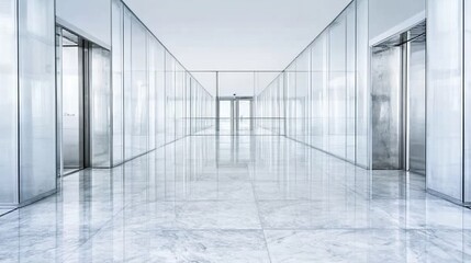 Modern office hallway, glass walls, marble floor, elevators, bright background