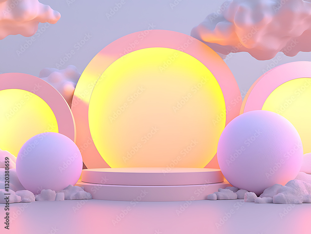 Poster illuminated circular platforms with soft clouds modern art installation indoor setting aesthetic des