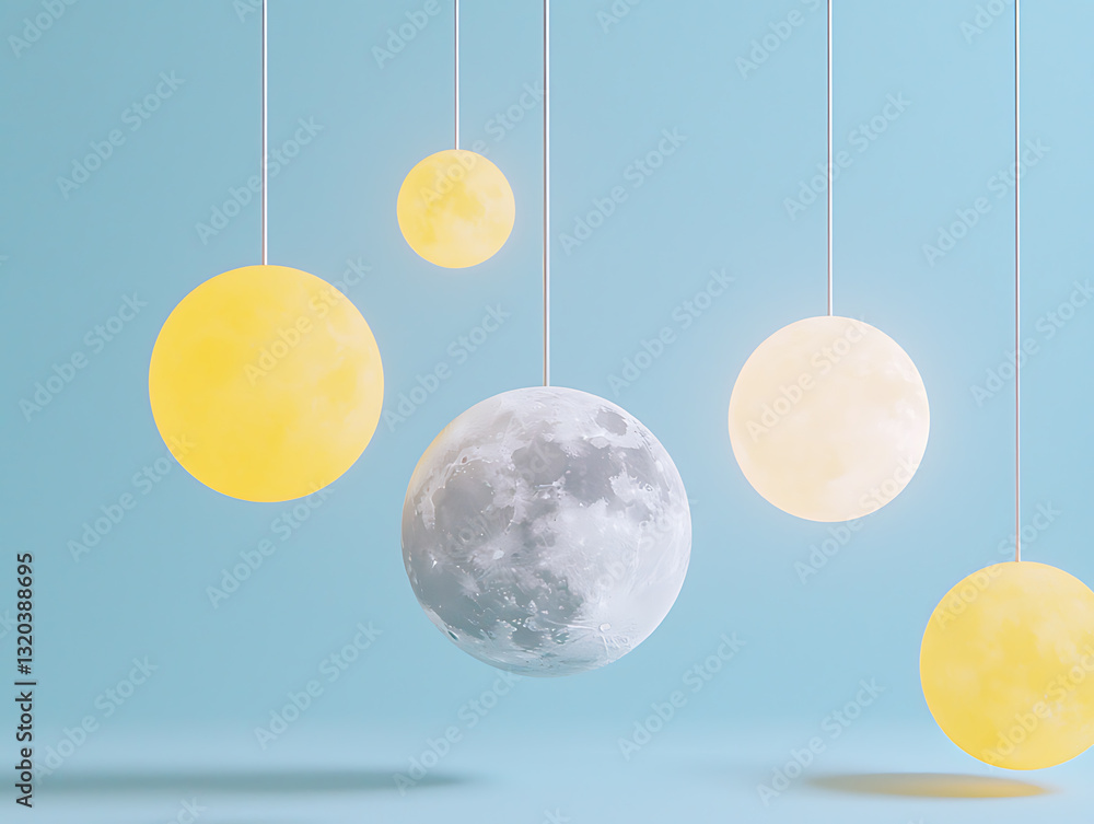 Poster Floating celestial bodies studio setting 3d art minimalistic design aesthetic view space concept