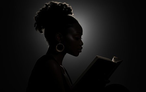 Black woman in silhouette reading a book in low light. Concept of knowledge and introspection. - Powered by Adobe