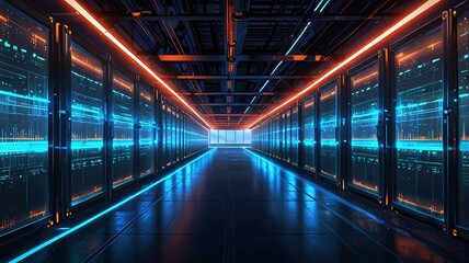 Obraz premium A Journey Into The Heart Of Digital Innovation, A Futuristic Server Room Bathed In Vibrant Blue And Orange Neon Light