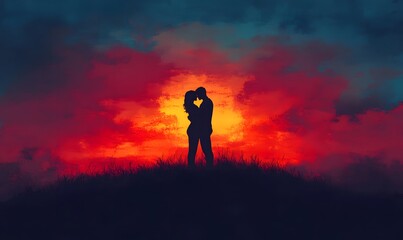 a couple standing silhouetted against a vibrant sunset, embracing in a romantic moment.
