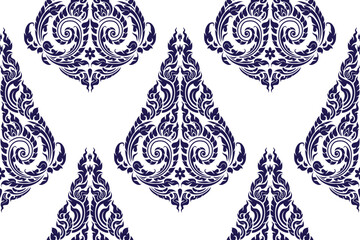 Traditional Thai art seamless bold blue colored floral pattern in damask style motifs suitable for wallpaper, curtain, clothing, textile, tile and fabric design isolated white colored background.