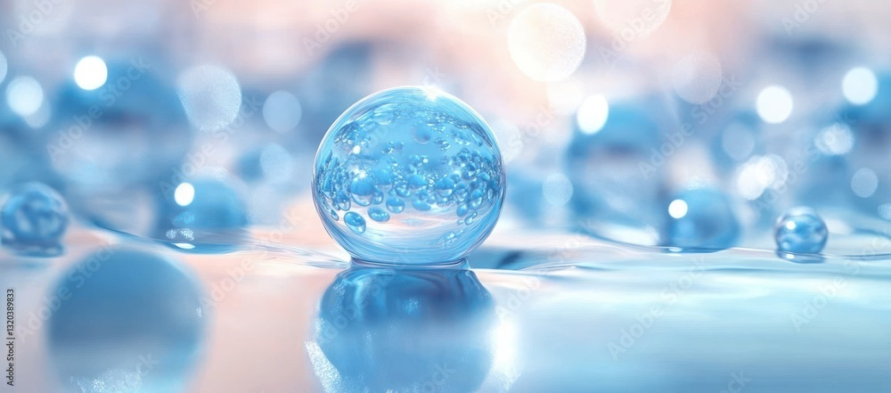 Poster collagen serum and vitamin skincare solution with ethereal floating spheres on reflective surface
