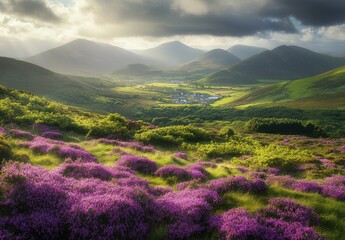 Breathtaking View of Rolling Hills Covered in Vibrant Purple Heather Under a Dramatic Sky with Mountains in the Distance