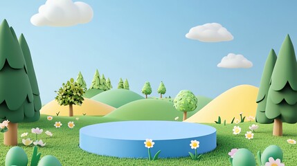 Naklejka premium Cartoon Meadow with Blue Podium and Green Trees Under Cloudy Sky