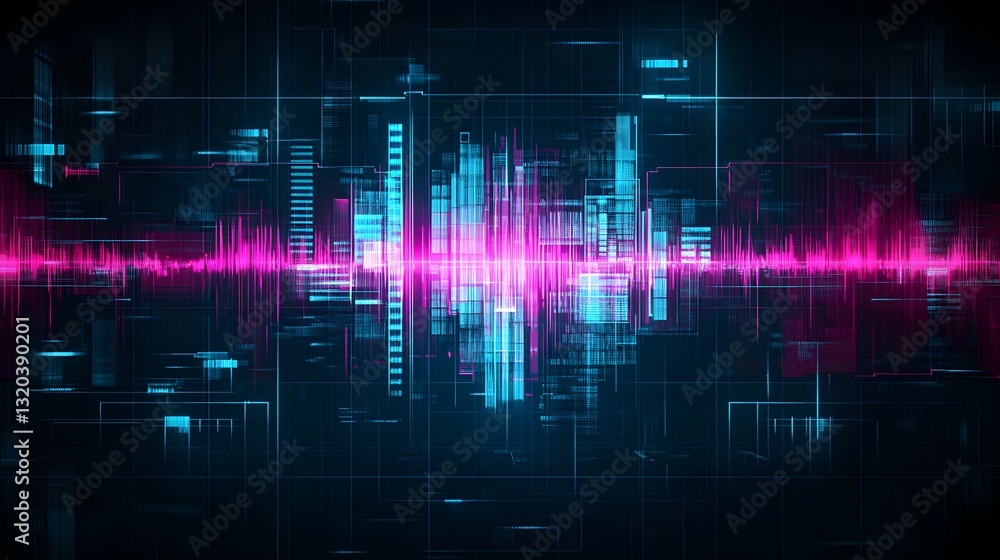 Poster abstract digital cityscape showcasing sound frequency waves across display