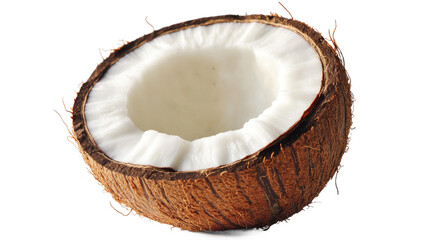 A half cut coconut with a brown husk. The white flesh is exposed. Concept of freshness and natural beauty