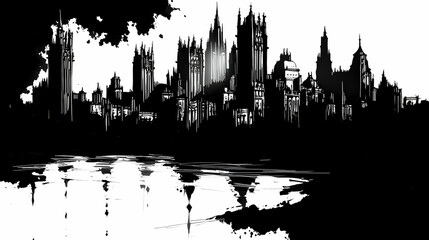 Naklejka premium Cityscape silhouette by a body of water