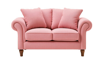 Fototapeta premium Elegant pink love seat with three cushions and wooden legs isolated on transparent background (PNG)