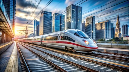 Naklejka premium Modern High-Speed Train Station in a Cityscape at Sunset