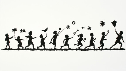 A playful silhouette of children engaging in various outdoor activities like running, playing with balls, and flying kites against a simple background