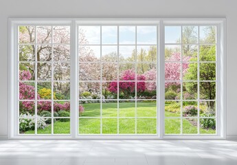 Naklejka premium Bright and Lush Spring Garden View Through Large Windows Framed by Fresh Blossoms and Vibrant Greenery in a Modern Indoor Setting