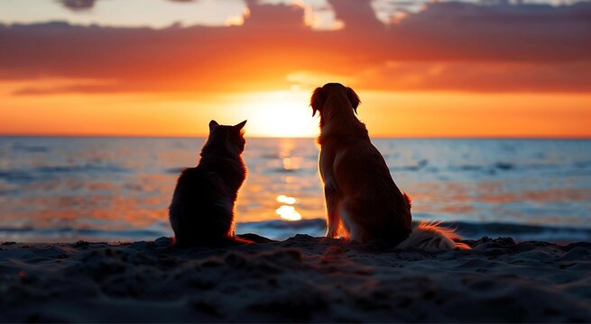 Golden Sunset Companions: A cat and dog share a serene moment, silhouetted against a vibrant sunset over the ocean, embodying companionship and tranquility.