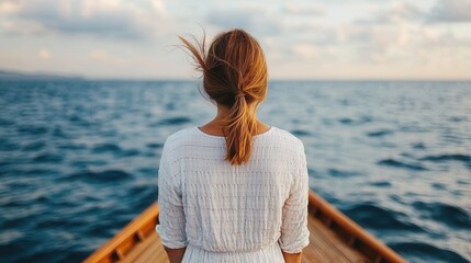 Fototapeta premium Woman Standing on the Bow of a Sailboat with Wind Blowing Through Her Hair