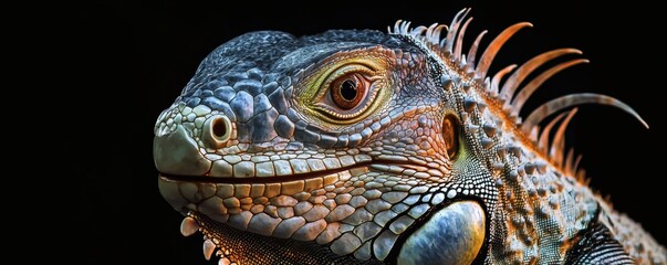 Fototapeta premium Detailed close up of a colorful lizard on black background
