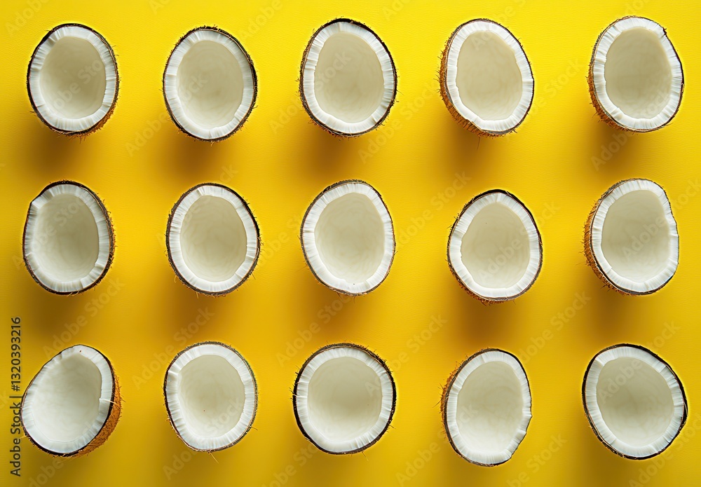 Aufkleber bright yellow background with coconut halves displayed in a grid pattern for a vibrant and tropical 
