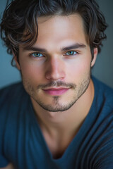 Obraz premium Portrait of a young Caucasian man with wavy hair and a beard, looking directly into the camera with an intense expression.
