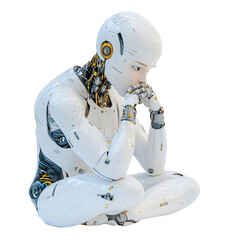 3D Render of a Contemplative White Robot Sitting in Lotus Position on Isolated Transparent Background