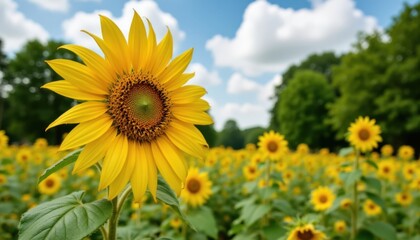 Fototapeta premium A bright yellow sunflower with its large petals reaching towards the sky, contrasting against the lush green backdrop of a summer meadow, showcasing nature's vibrant beauty.