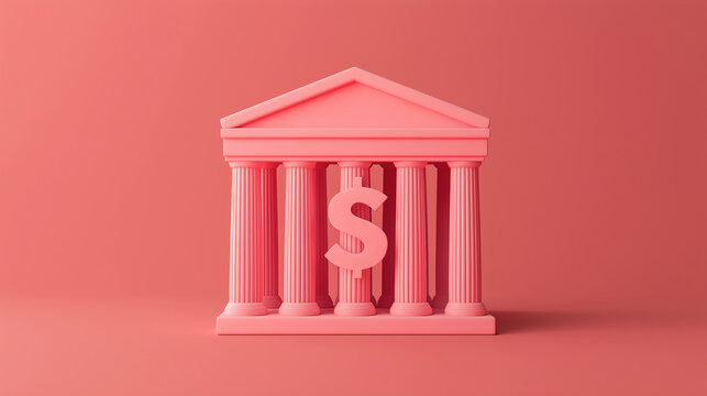 pink bank building with columns and dollar sign symbolizes finance and capital