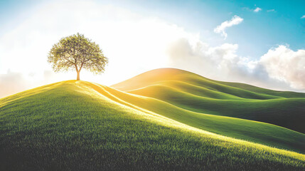 Serene landscape photo of a lone tree atop rolling green hills bathed in golden sunlight, under a vibrant sky.  Perfect for peace, nature, and environmental themes.