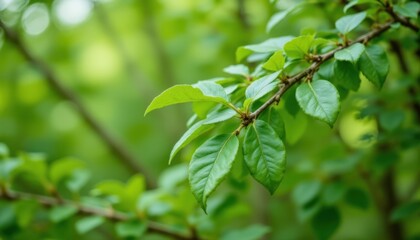 The vibrant emerald green leaves on the branch sway gently in the breeze, symbolizing the essence of nature's continual growth and renewal.