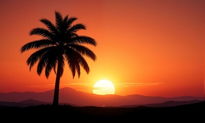 Sunset on horizon with silhouette of palm tree.