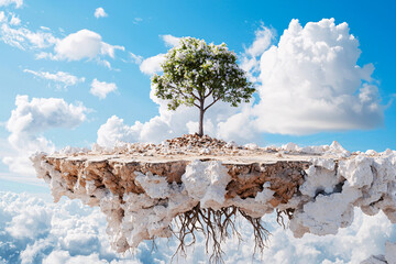 An abstract tree with sky bound roots and grounded branches, symbolizing life paradoxes in a dreamlike aura