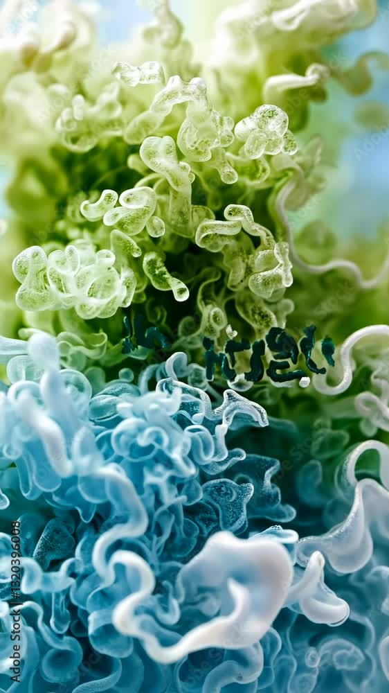 Poster swirling patterns of blue and green coral-like structures create a mesmerizing underwater scene