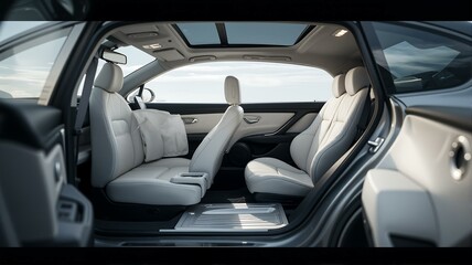 The inside of a car with all doors open.